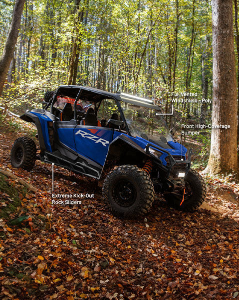 RIGID 32 inch combo LED Light Bar, Full Vented Poly Windshield, Front High-Coverage Bumper, and Extreme Kick-Out Rock Sliders from the trail package installed on a blue 2025 Polaris RZR XP 4 side by side.