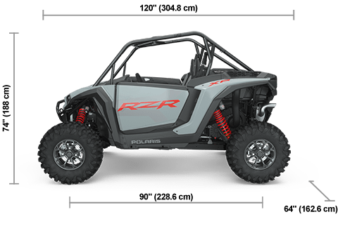 Side view of the Storm Gray 2025 Polaris RZR XP 1000 Premium with height, width and length dimensions.