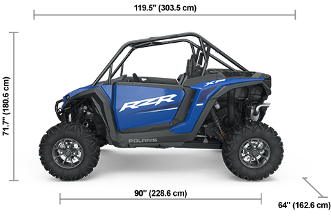 Vue latérale du Polaris RZR XP 1000 Sport 2025 Polaris Blue avec les dimensions de hauteur, de largeur et de longueur.