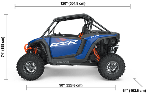 Side view of the Polaris Blue 2025 Polaris RZR XP 1000 Ultimate with height, width and length dimensions.