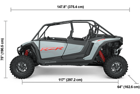 Vue latérale du Polaris RZR XP 4 1000 Premium 2025 Storm Gray avec les dimensions de hauteur, de largeur et de longueur.