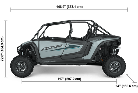Side view of the Storm Gray 2025 Polaris RZR XP 4 1000 Sport with height, width and length dimensions.