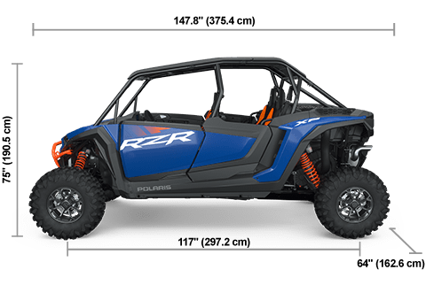 Vista lateral del Polaris RZR XP 4 1000 Ultimate de 2025 en Polaris Blue con dimensiones de altura, ancho y longitud.