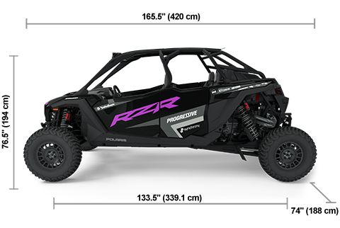Side view of the Podium Purple 2025 Polaris RZR Pro R 4 Race Replica Edition with height, width and length dimensions.