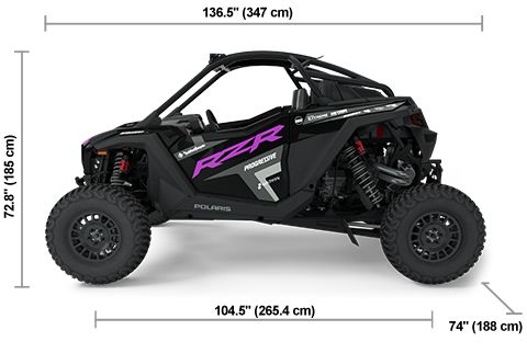 Side view of the Podium Purple 2025 Polaris RZR Pro R Race Replica Edition with height, width and length dimensions.