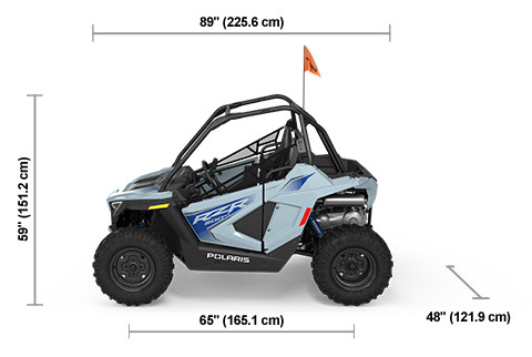 Side view of the Storm Gray / Polaris Blue 2025 Polaris RZR 200 EFI with height, width and length dimensions.