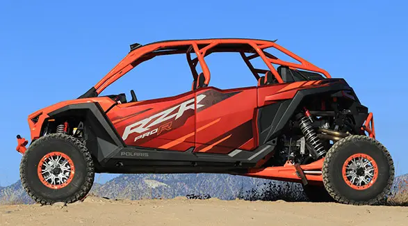 Side profile of the 2025 Polaris RZR Pro R 4 Factory Armored Edition side-by-side.