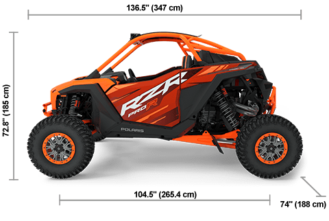 Side view of the Orange Burst / Matte Marmalade Orange 2025 Polaris RZR Pro R Factory Armored Edition with height, width and length dimensions.