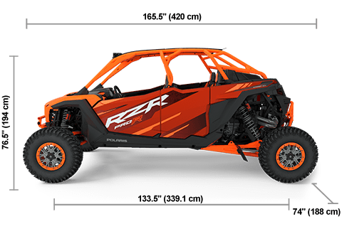 Side view of the Orange Burst / Matte Marmalade Orange 2025 Polaris RZR Pro R 4 Factory Armored Edition with height, width and length dimensions.