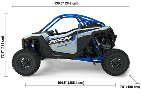 Side view of the Storm Gray 2025 Polaris RZR Pro R Sport with height, width and length dimensions.