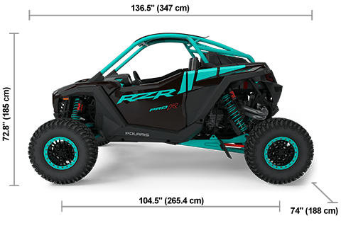 Vista lateral del Polaris RZR Pro R Ultimate de 2025 en Black Crystal / Radiant Green con dimensiones de altura, ancho y longitud.