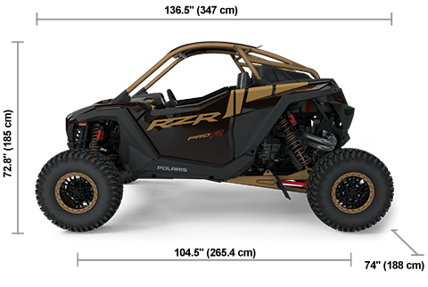 Vista lateral del Polaris RZR Pro R Ultimate de 2025 en Black Crystal / Shadow Bronze con dimensiones de altura, ancho y longitud.