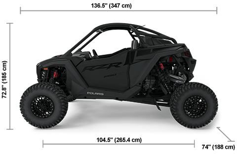 Vue latérale du Polaris RZR Pro R Ultimate 2025 Super Graphite avec les dimensions de hauteur, de largeur et de longueur.
