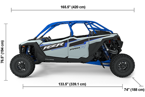 Side view of the Storm Gray 2025 Polaris RZR Pro R 4 Sport with height, width and length dimensions.