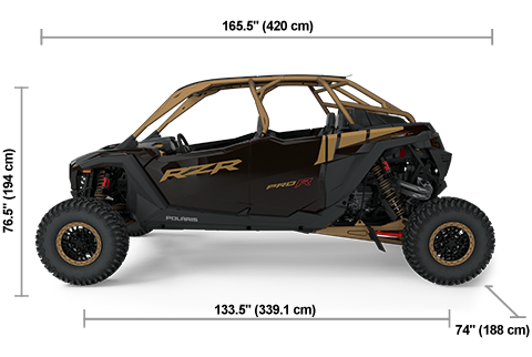Vista lateral del Polaris RZR Pro R 4 Ultimate de 2025 en Black Crystal / Shadow Bronze con dimensiones de altura, ancho y longitud.