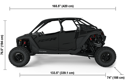 Side view of the Super Graphite 2025 Polaris RZR Pro R 4 Ultimate with height, width and length dimensions.