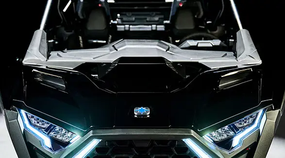 Close-up of the headlights and hood on a 2025 Polaris RZR Pro S side-by-side.