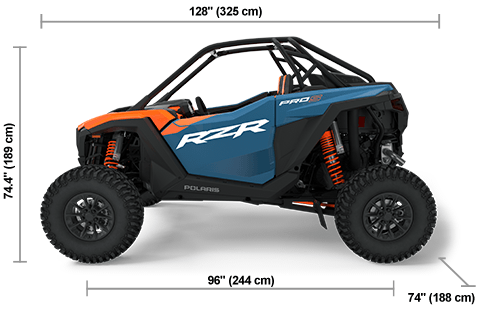 Side view of the Orange Burst / Zenith Blue 2025 Polaris RZR Pro S Premium with height, width and length dimensions.