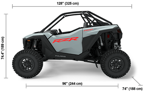 Vista lateral del Polaris RZR Pro S Sport de 2025 en Storm Gray con dimensiones de altura, ancho y longitud.