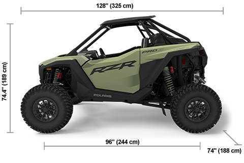 Side view of the Moss Green 2025 Polaris RZR Pro S Ultimate with height, width and length dimensions.