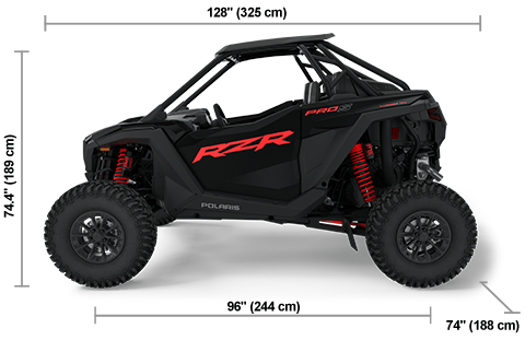 Side view of the Onyx Black 2025 Polaris RZR Pro S Ultimate with height, width and length dimensions.