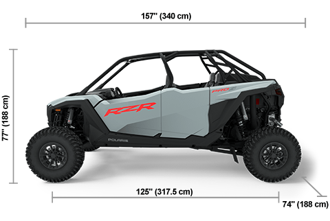 Side view of the Storm Gray 2025 Polaris RZR Pro S 4 Sport with height, width and length dimensions.