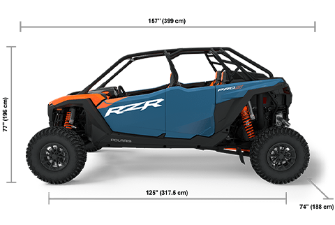 Side view of the Orange Burst / Zenith Blue 2025 Polaris RZR Pro S 4 Premium with height, width and length dimensions.