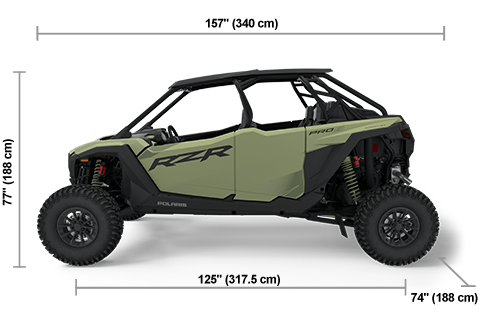 Side view of the Moss Green 2025 Polaris RZR Pro S 4 Ultimate with height, width and length dimensions.