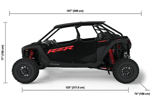 Side view of the Onyx Black 2025 Polaris RZR Pro S 4 Ultimate with height, width and length dimensions.