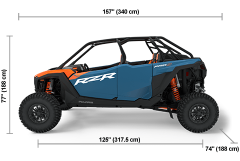 Vue latérale du Polaris RZR Pro S 4 Ultimate 2025 Orange Burst/Zenith Blue avec les dimensions de hauteur, de largeur et de longueur.