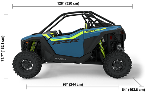 Side view of the Zenith Blue 2025 Polaris RZR Pro XP Premium with height, width and length dimensions.