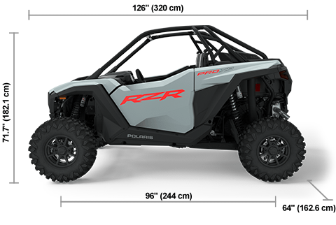 Side view of the Storm Gray 2025 Polaris RZR Pro XP Sport with height, width and length dimensions.