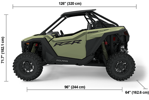 Vue latérale du Polaris RZR Pro XP Ultimate 2025 Moss Green avec les dimensions de hauteur, de largeur et de longueur.