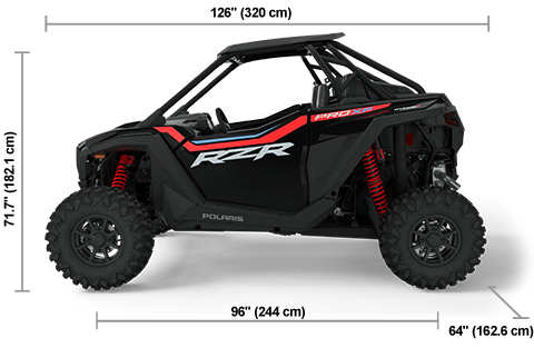 Side view of the Onyx Black 2025 Polaris RZR Pro XP Ultimate with height, width and length dimensions.