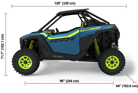 Vue latérale du Polaris RZR Pro XP Ultimate 2025 Zenith Blue avec les dimensions de hauteur, de largeur et de longueur.