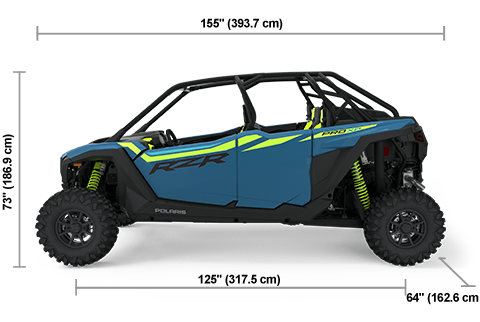 Side view of the Zenith Blue 2025 Polaris RZR Pro XP 4 Premium with height, width and length dimensions.