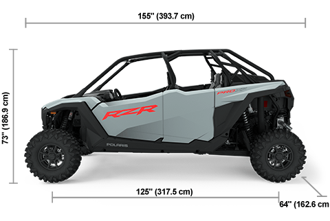 Side view of the Storm Gray 2025 Polaris RZR Pro XP 4 Sport with height, width and length dimensions.