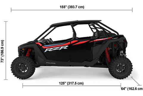Side view of the Onyx Black 2025 Polaris RZR Pro XP 4 Ultimate with height, width and length dimensions.
