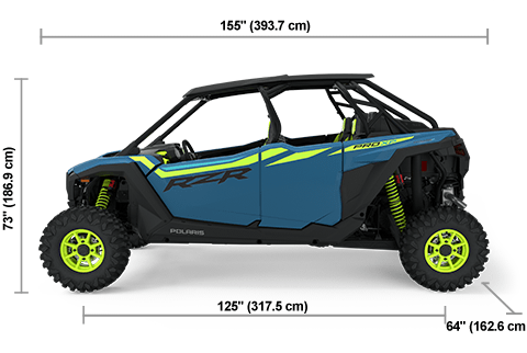 Vista lateral del Polaris RZR Pro XP 4 Ultimate de 2025 en Zenith Blue con dimensiones de altura, ancho y longitud.