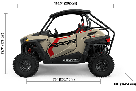 Side view of the Sand Dune 2025 Polaris RZR Trail S 1000 Ultimate with height, width and length dimensions.
