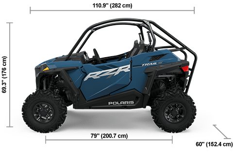 Side view of the Zenith Blue 2025 Polaris RZR Trail S 900 Sport with height, width and length dimensions.