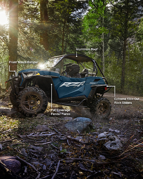 Front winch bumper, aluminum roof, extreme kick-out rock sliders, and full coverage fender flare accessories from the Trailblazer Package installed on a 2025 Polaris RZR Trail side-by-side.