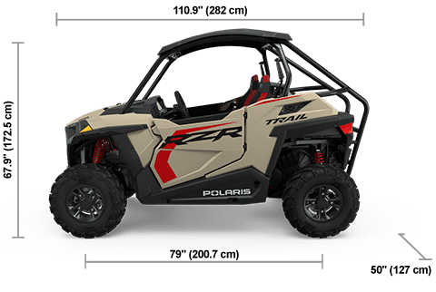 Side view of the Sand Dune 2025 Polaris RZR Trail Ultimate with height, width and length dimensions.