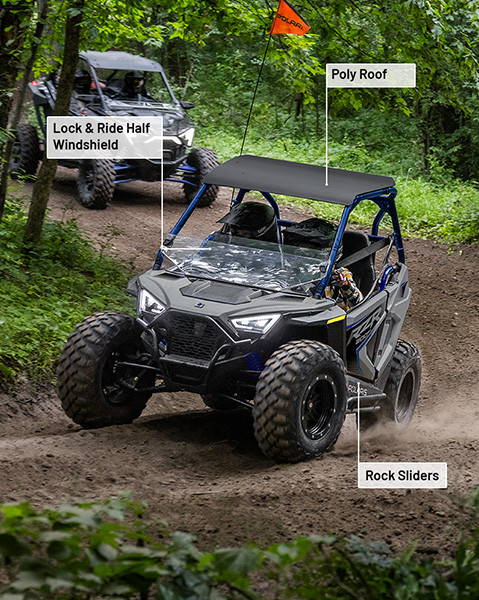 Pro Armor Wheel & Tire Set, Lock & Ride Half Windshield, Poly Roof, and Rock Slider accessories installed on a 2026 Polaris RZR 200 EFI youth side-by-side.