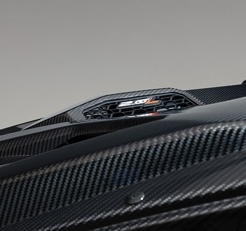 Close-up of the carbon fiber hood scoop on a 2027 Polaris RZR Pro R Factory Boost SxS.