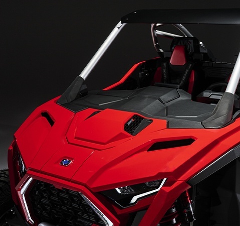 Hood focused view showcasing the dual hood scoops on a 2026 Polaris RZR Pro R side-by-side.