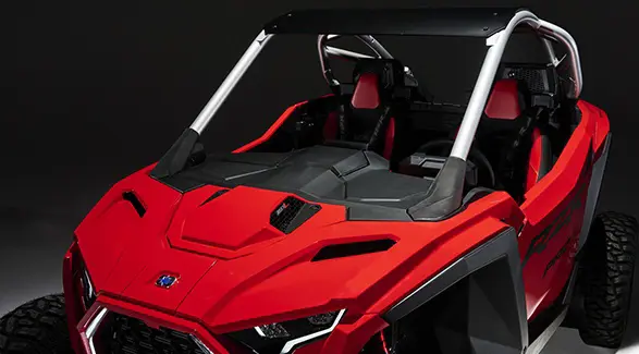 Overhead view of the hood on a Indy Red 2026 Polaris RZR Pro R SxS.