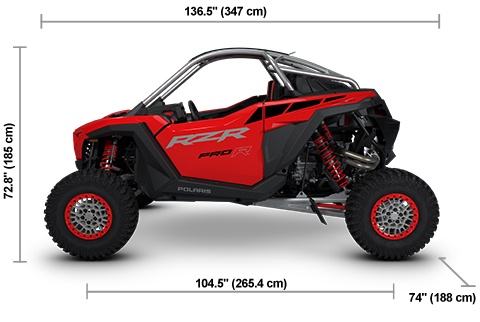 Side view of the Indy Red 2026 Polaris RZR Pro R Ultimate with height, width and length dimensions.