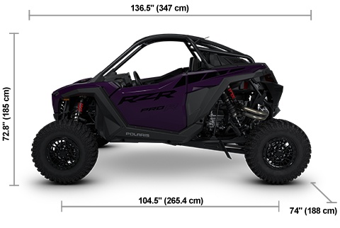 Vue latérale du Polaris RZR Pro R Ultimate 2026 Purple Thunder avec les dimensions de hauteur, de largeur et de longueur.