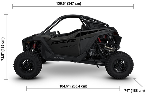 Side view of the Super Graphite Polaris RZR Pro R Ultimate with height, width and length dimensions.